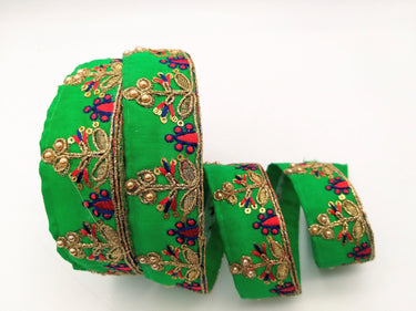 Green Art Silk Trim In Red And Gold Embroidery, Approx. 32mm wide, Decorative Trim